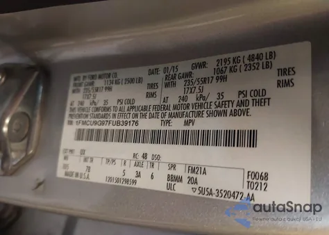 2015 Ford Escape Se from USA, damaged, VIN 1FMCU9G97FUB39176